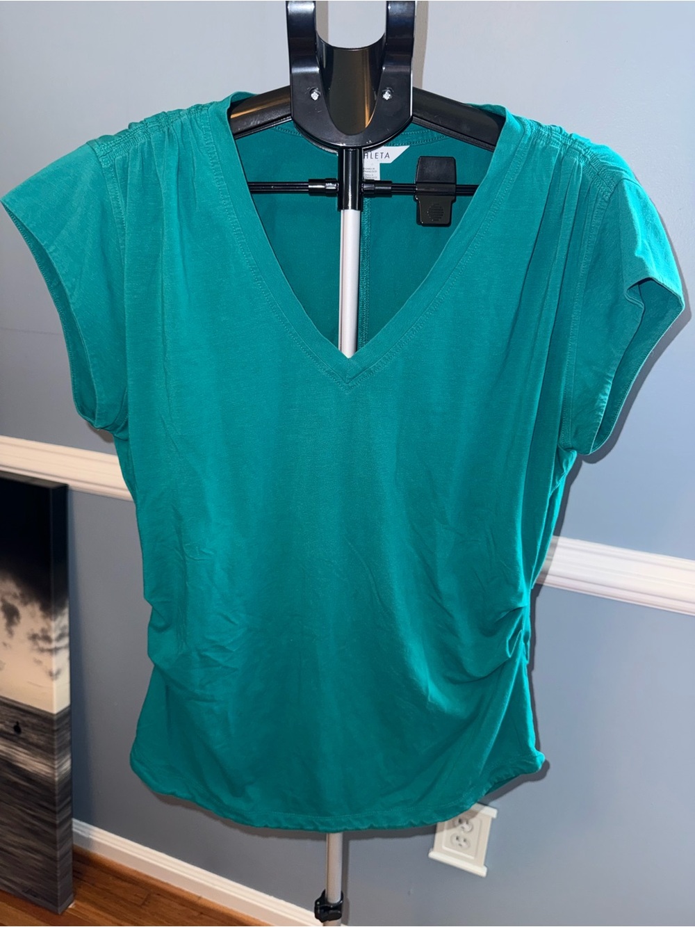 Athleta Teal Green Ruched V Neck Short Sleeve Top | Size Large